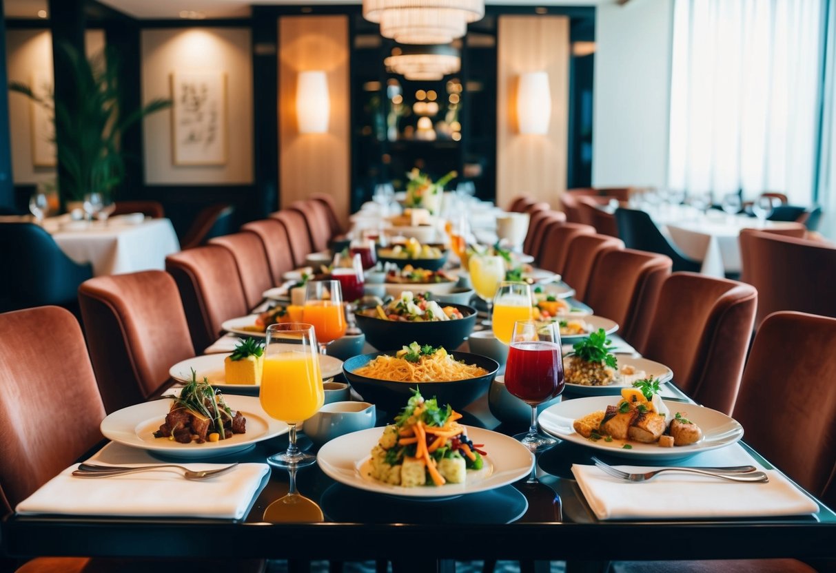 A table filled with a variety of dishes and drinks, surrounded by elegant decor and a vibrant atmosphere at Nobu's Sunday brunch promotions