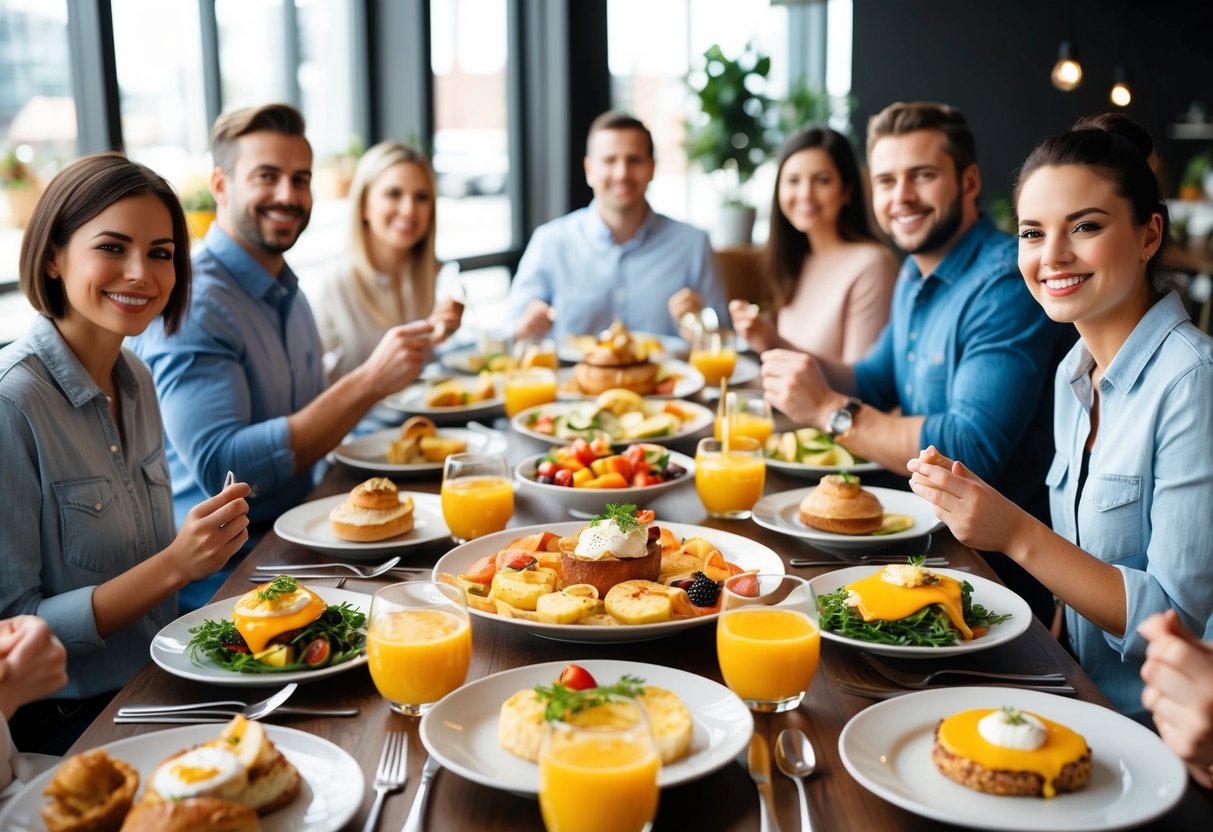 A table set with a variety of delicious brunch dishes, surrounded by cheerful customers enjoying their meals