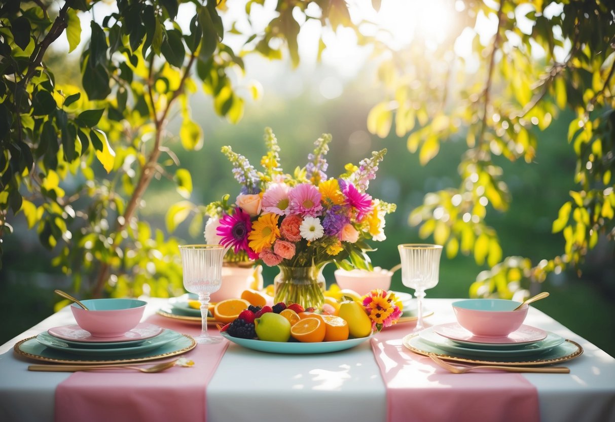 A table adorned with colorful flowers, fresh fruits, and pastel tableware, set against a backdrop of dappled sunlight filtering through leafy branches