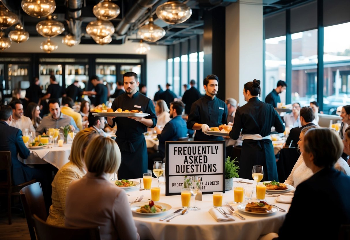 A bustling brunch scene with people gathered around tables, servers carrying trays of food, and a prominent "Frequently Asked Questions" display