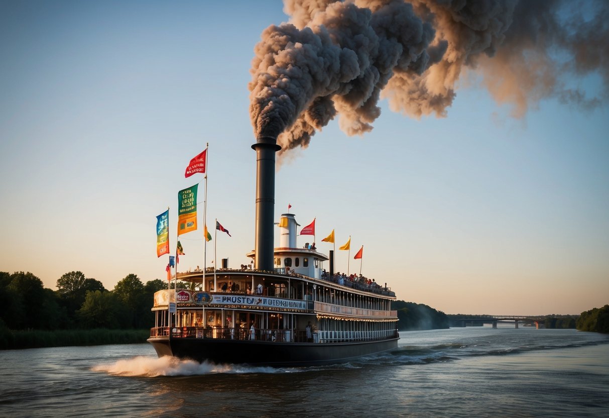 A steamboat cruising along a river, with smoke billowing from its tall, iconic chimney. The boat is adorned with colorful banners and flags, promoting various events and attractions