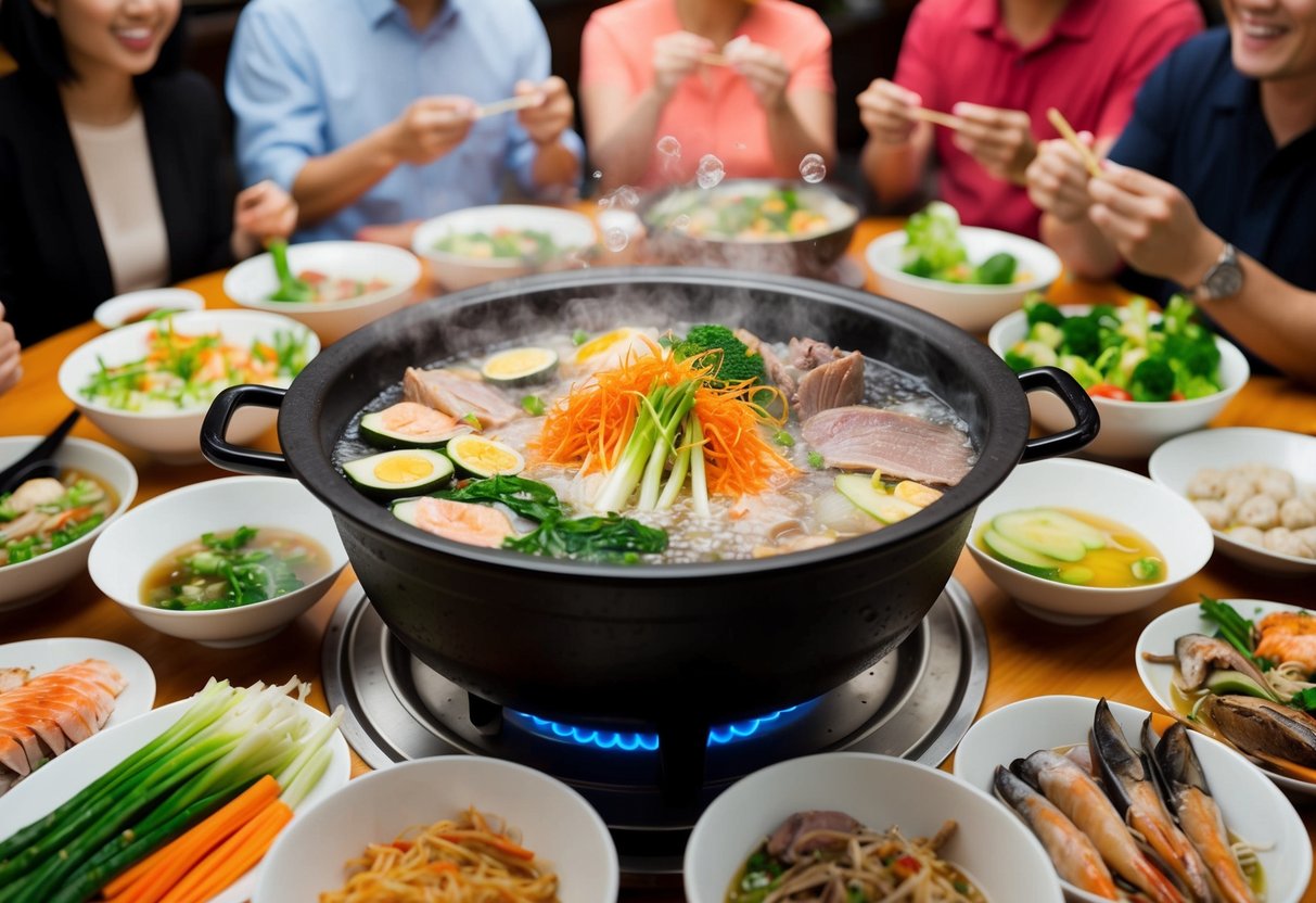 A bubbling hotpot filled with an array of fresh vegetables, thinly sliced meats, and assorted seafood, surrounded by a group of happy diners enjoying Suki-Ya's All-You-Can-Eat Hotpot steamboat promotions