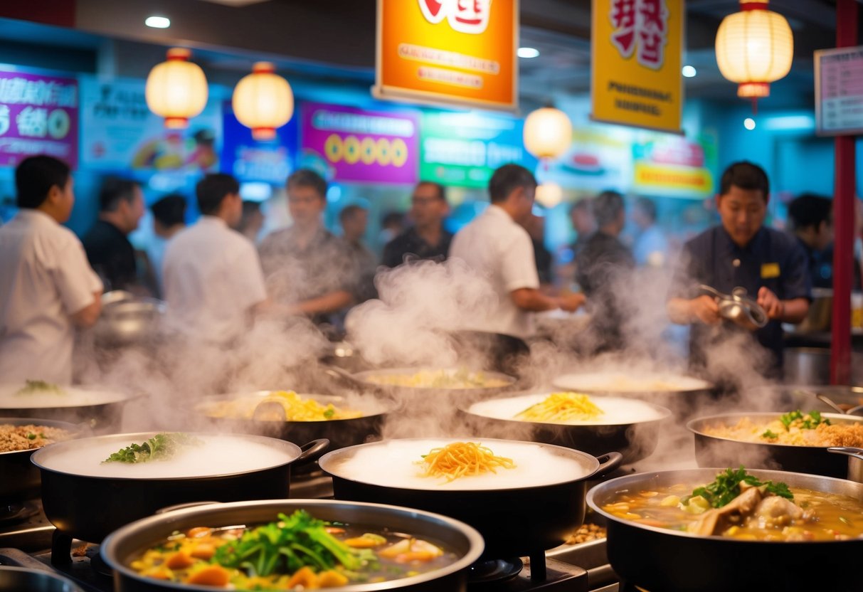 A bustling restaurant filled with steam rising from bubbling pots of premium steamboat ingredients, surrounded by colorful promotional banners