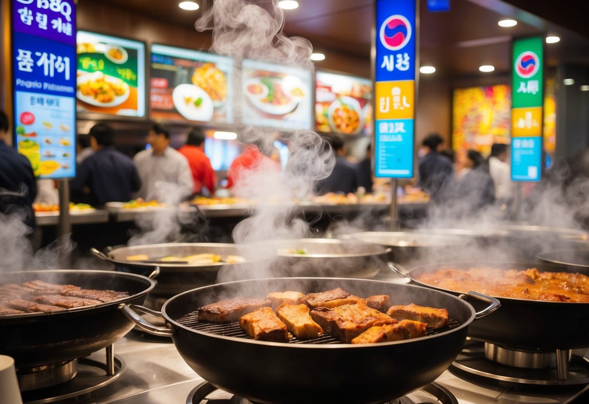 A bustling Korean BBQ & Hotpot Buffet with steam rising from sizzling grills and bubbling hotpots, surrounded by colorful promotional signs