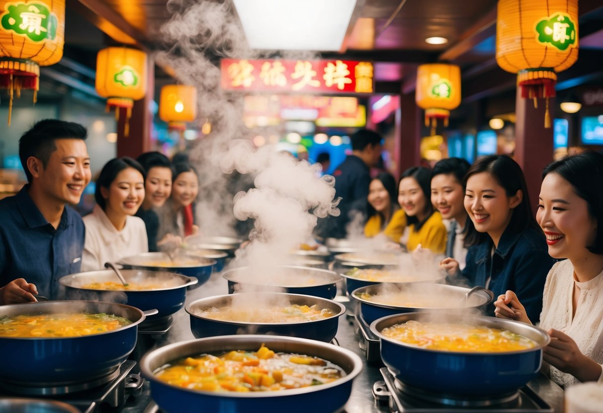 A colorful and bustling hotpot restaurant with steam rising from the bubbling pots, surrounded by happy and satisfied customers enjoying the unique promotions