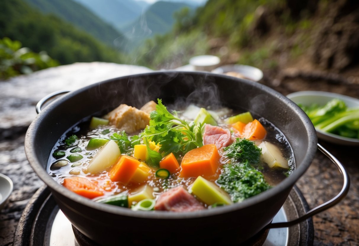 A bubbling hotpot filled with fresh vegetables and meats, surrounded by a rustic and natural setting in Xiangcao Yunnan