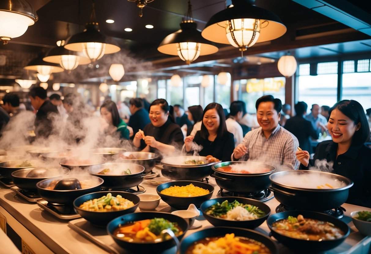 A bustling restaurant filled with steaming hot pots, colorful ingredients, and happy diners enjoying the GoroGoro Steamboat & Korean Buffet Special promotions
