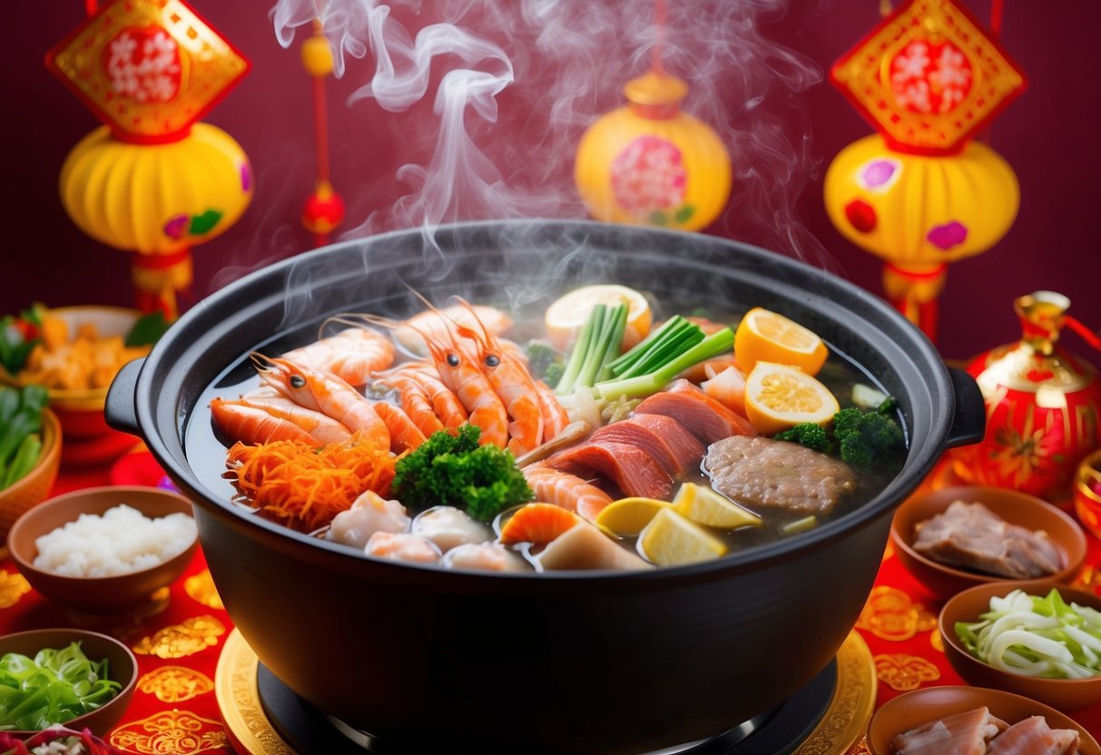 A steaming hot pot filled with an assortment of fresh seafood, meats, and vegetables, surrounded by festive Chinese New Year decorations