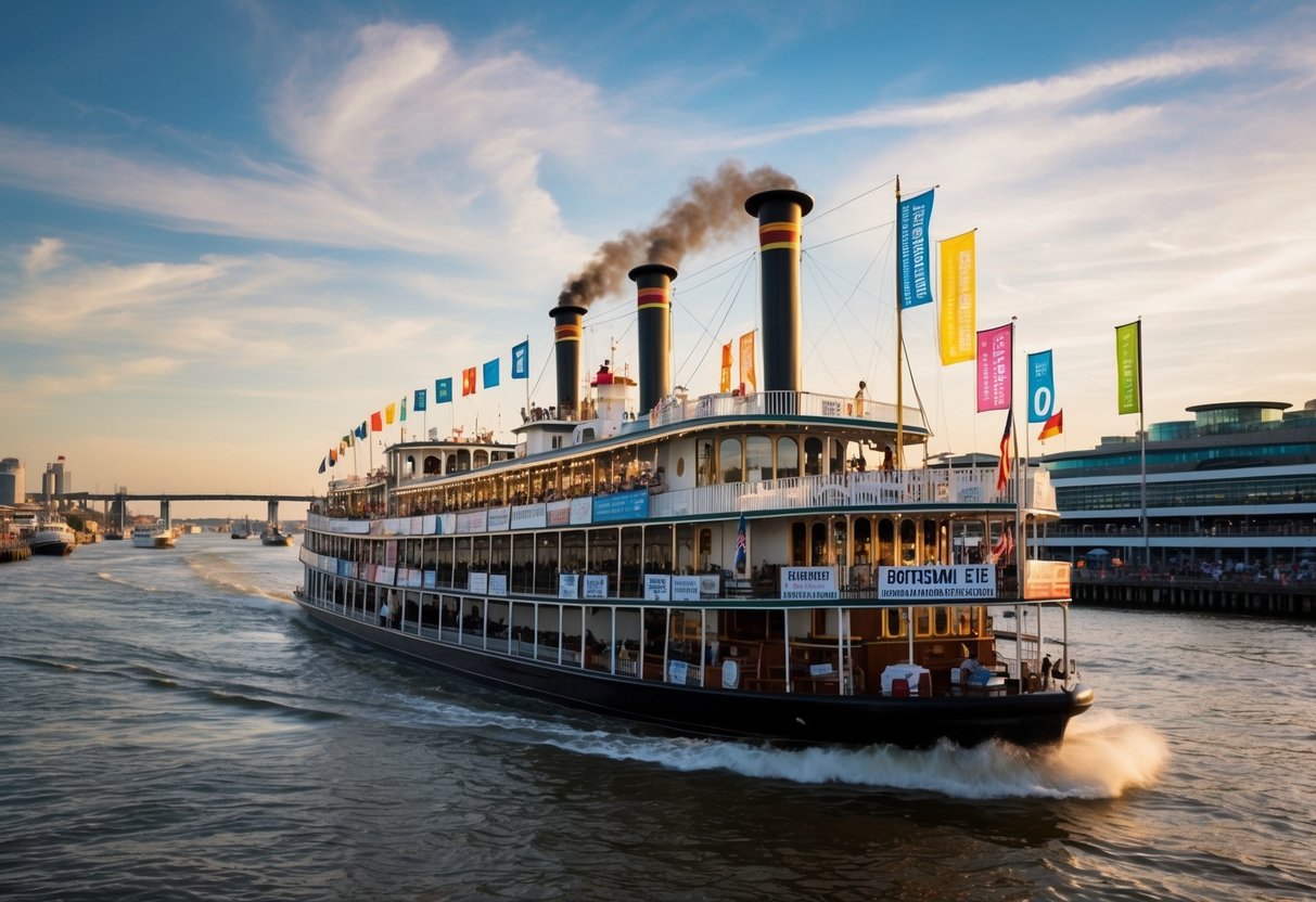 A steamboat glides through a bustling river port, adorned with colorful banners and flags promoting various events and attractions