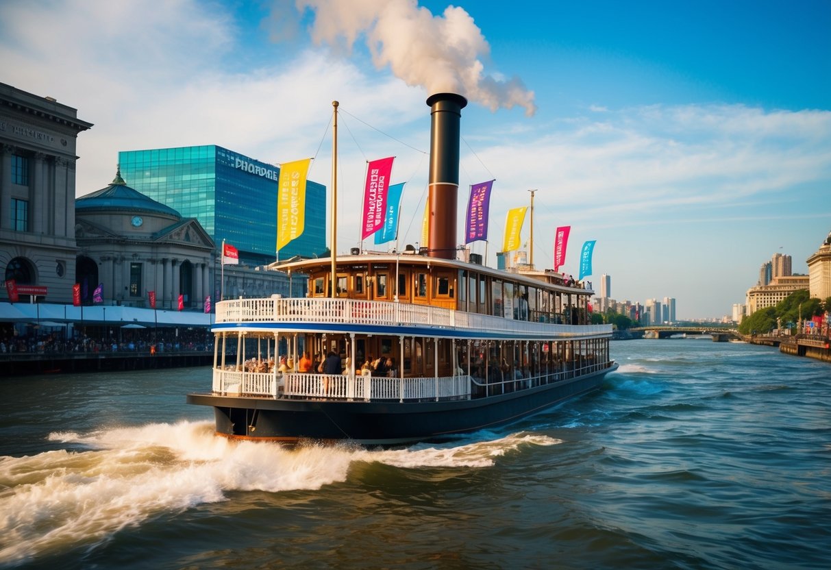 A steamboat cruising through a bustling city, adorned with colorful banners and flags promoting marketing strategies