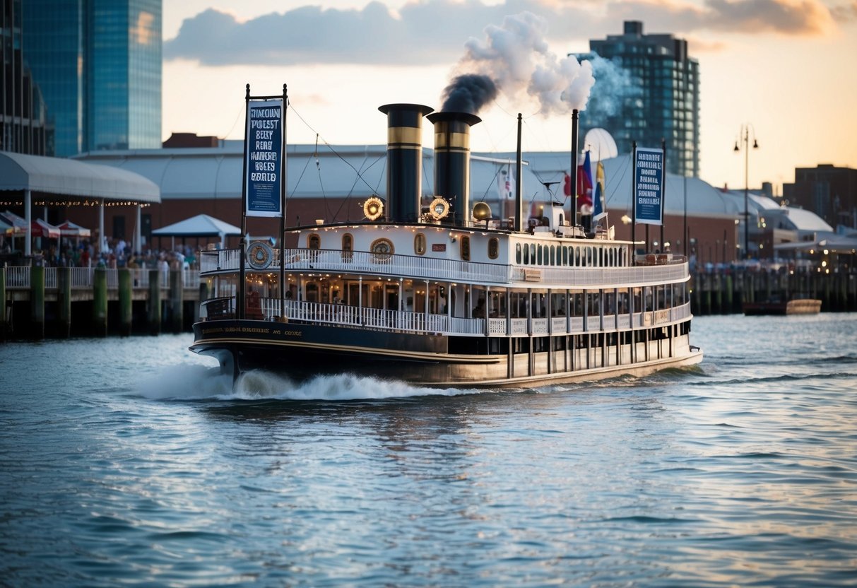 A steamboat glides through a bustling waterfront, adorned with banners promoting "Frequently Asked Questions" about the vessel's services
