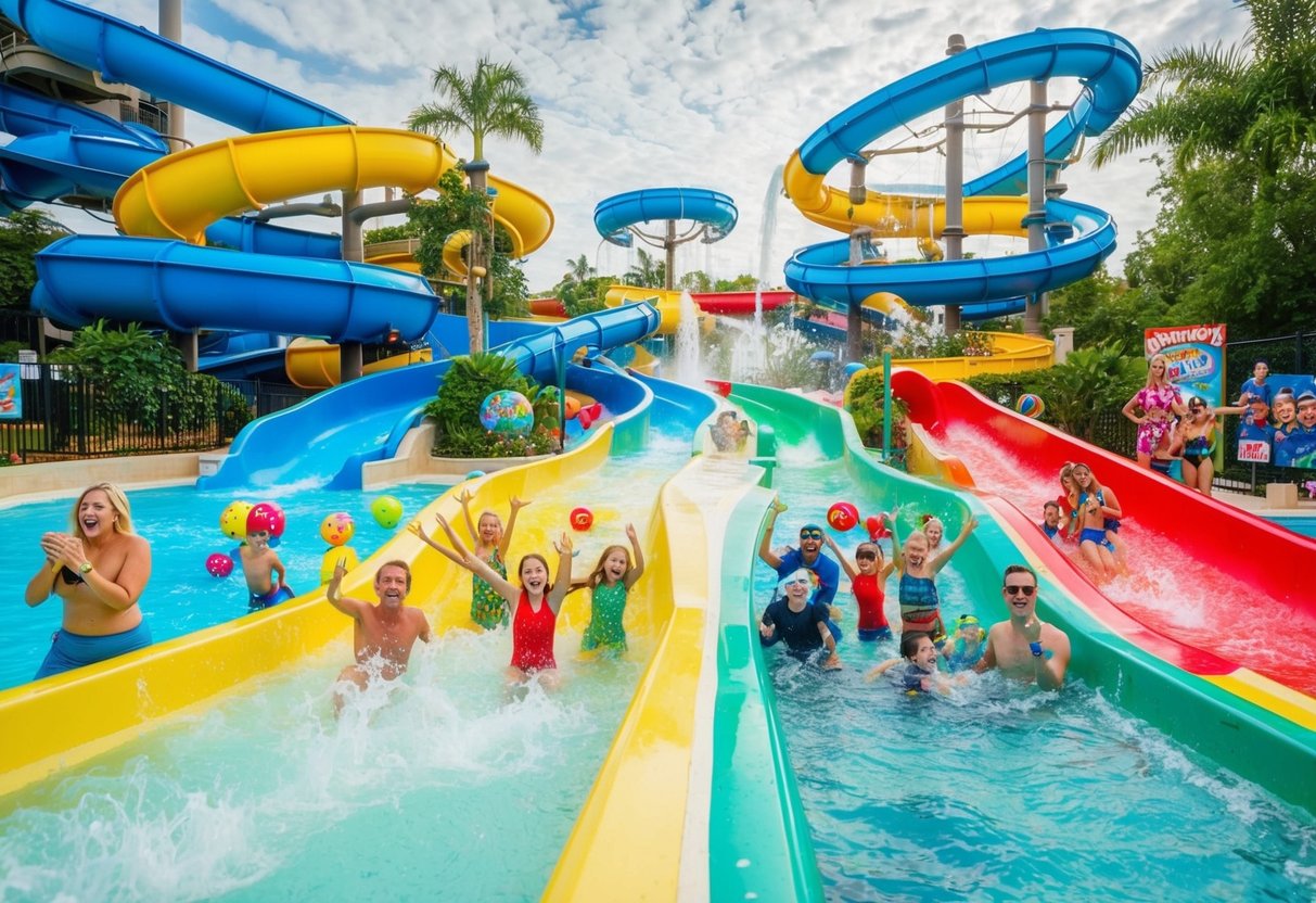 Colorful water slides and pools at Splash Island, with excited families and friends enjoying promotions and activities