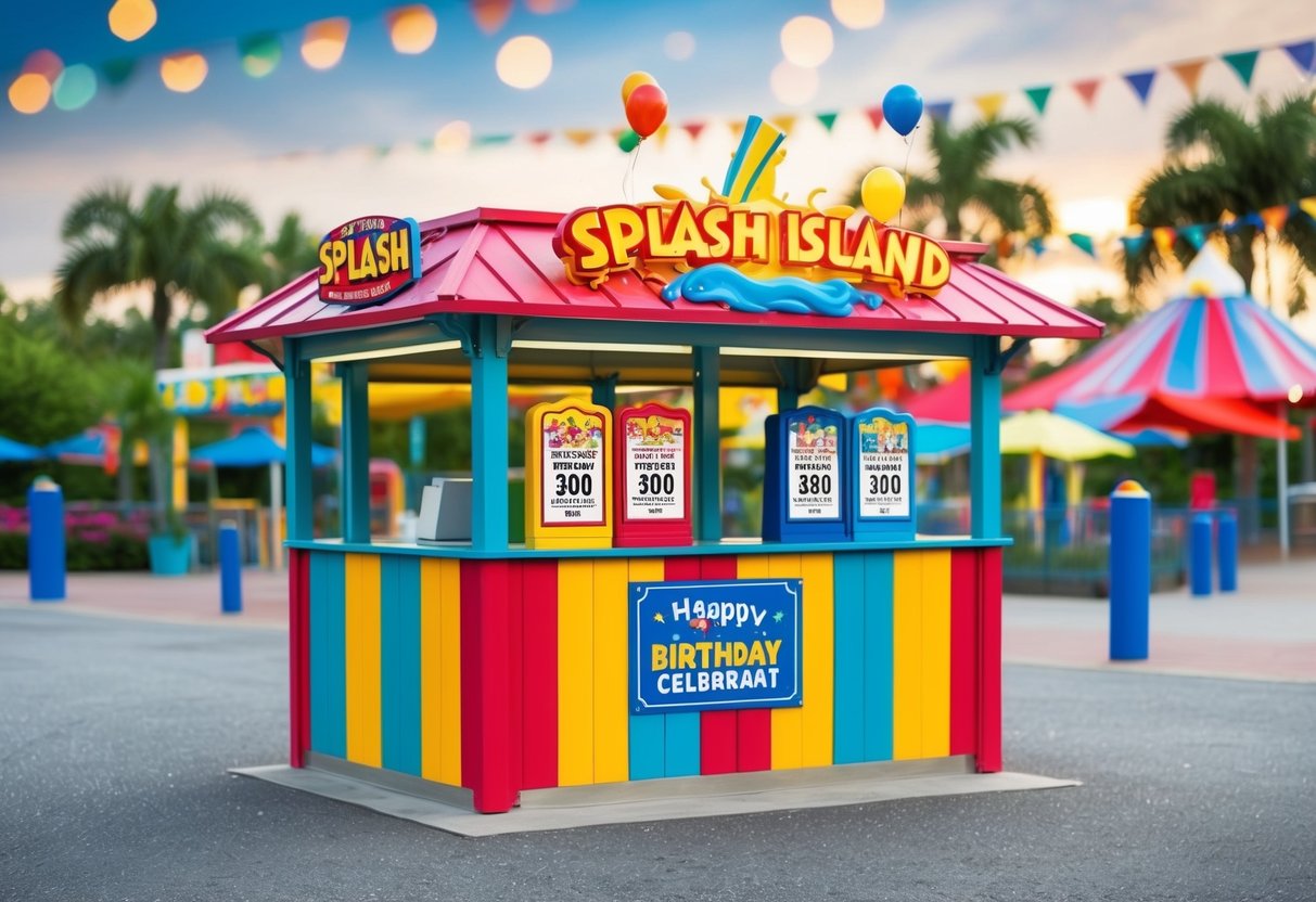A colorful ticket booth at Splash Island with birthday celebrant promotions displayed