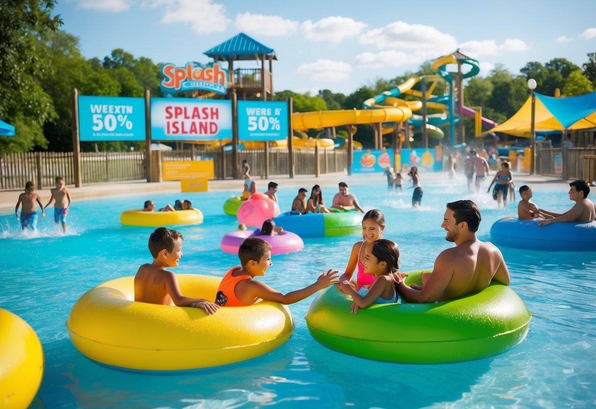 A group of people enjoying discounted rates at Splash Island on a weekday, with promotional banners and signs visible throughout the water park