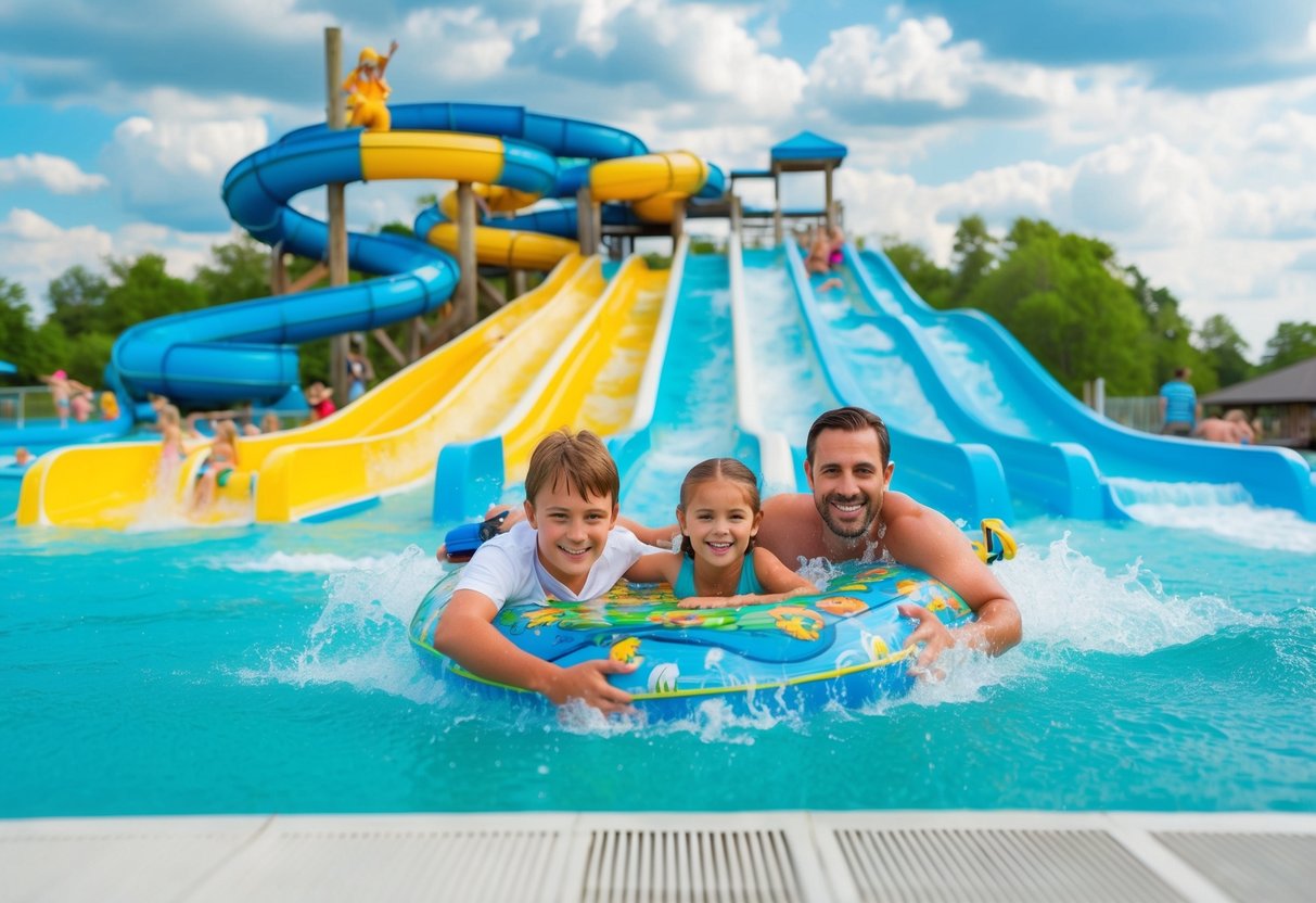 Families enjoying water slides and wave pools at Splash Island's weekend discounted group rate promotions