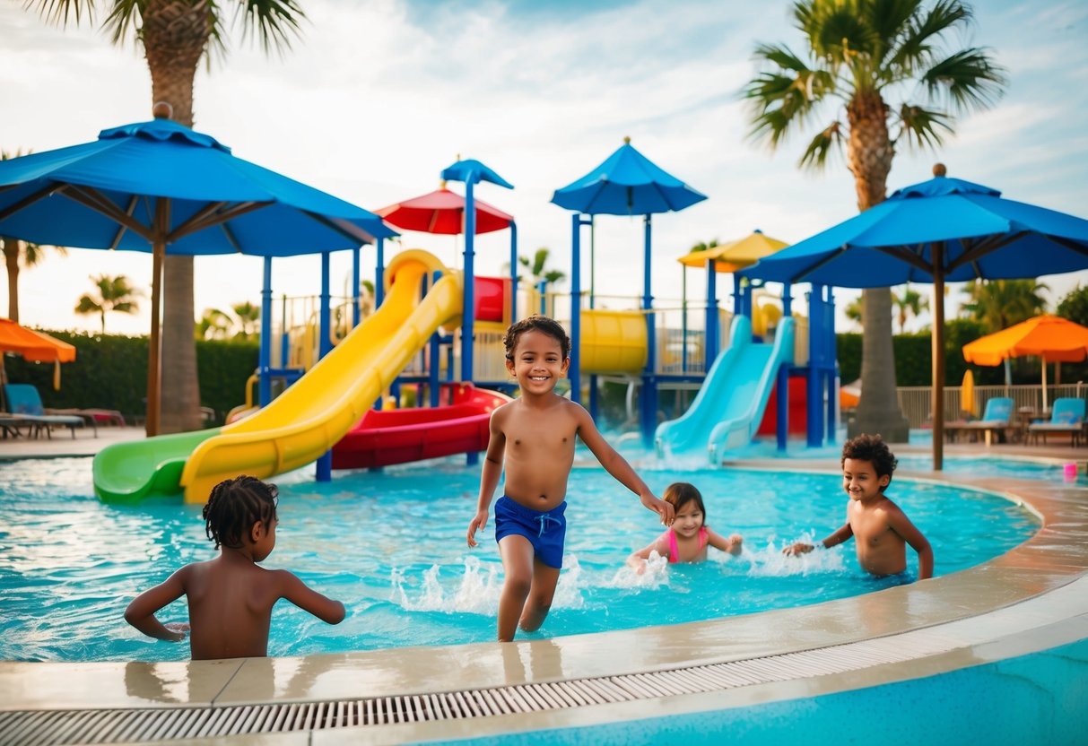 Children playing in a colorful water park with slides and pools, surrounded by palm trees and umbrellas
