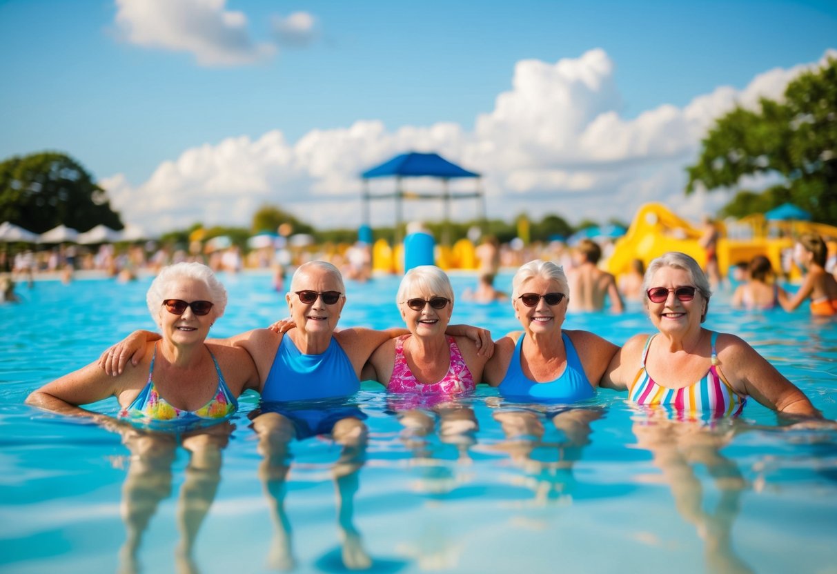 A group of seniors enjoying a day at Splash Island, swimming and relaxing in the sun