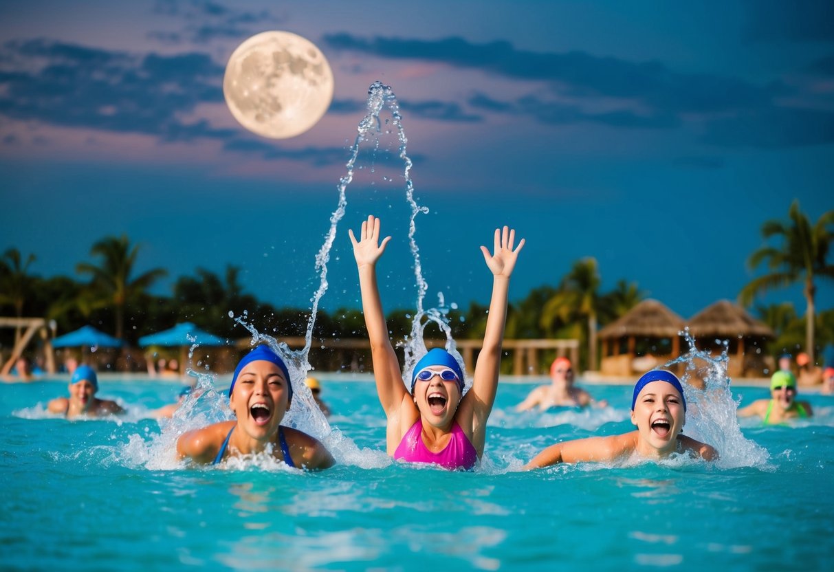 Excited swimmers splash under moonlit sky at island water park