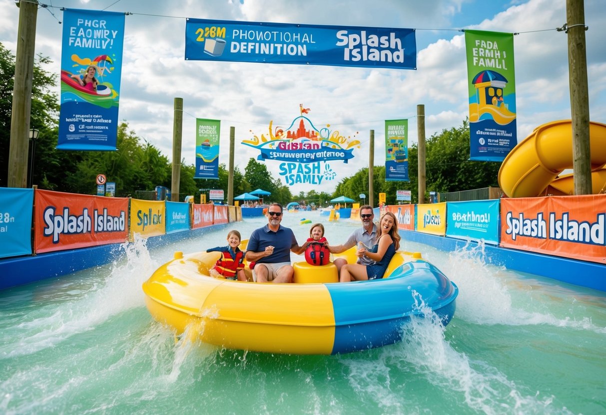 A family enjoying a weekend adventure at Splash Island, surrounded by promotional banners and signs