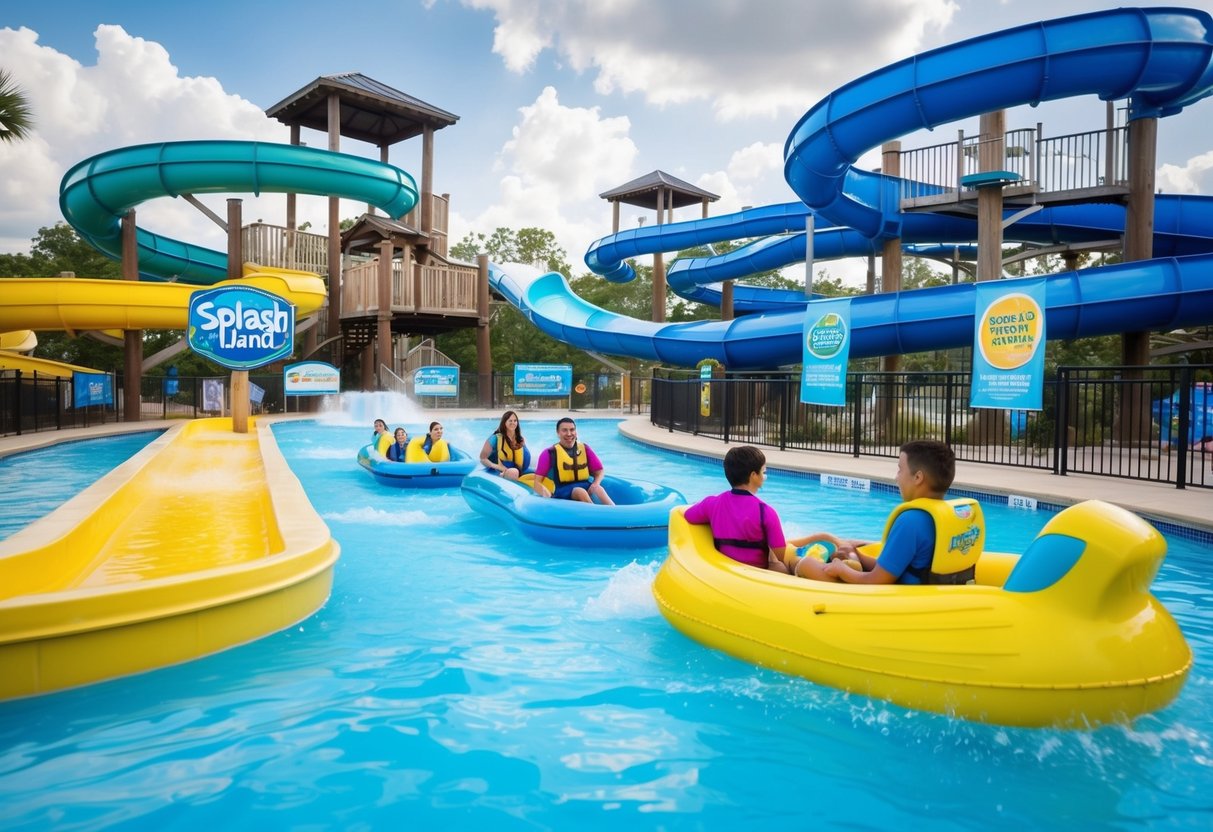 Employees enjoy water slides, lazy river, and wave pool at Splash Island. Promotional banners and signage are displayed throughout the park