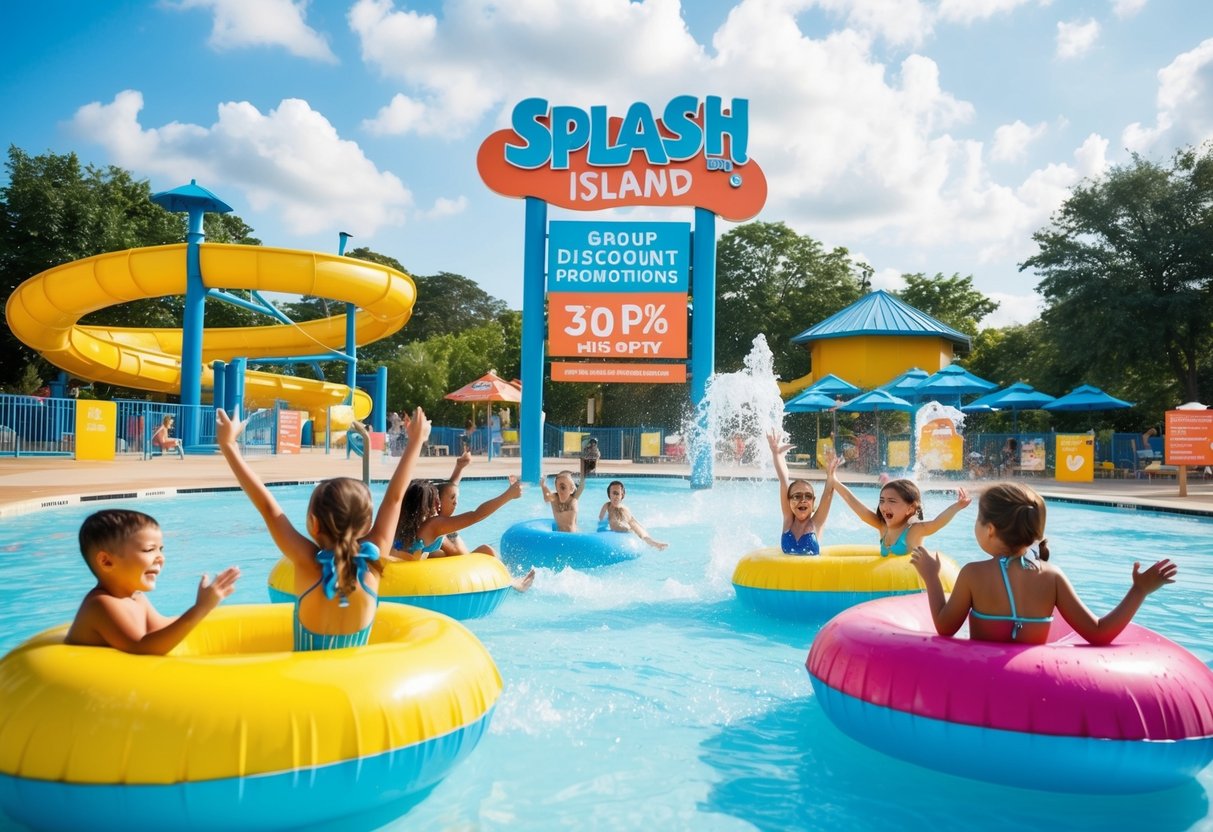 A lively water park with colorful signage and excited groups enjoying the group discount promotions at Splash Island