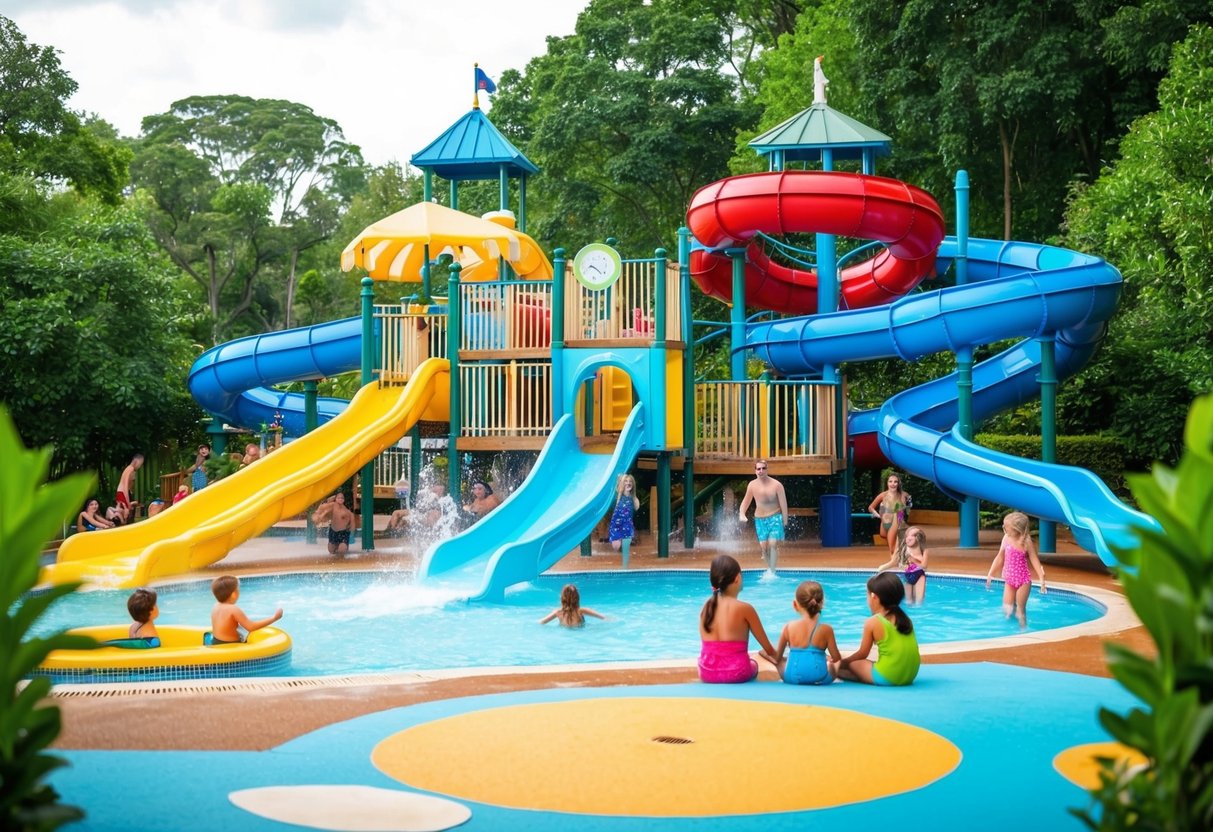 A colorful water park with slides and pools, surrounded by lush greenery and people having fun
