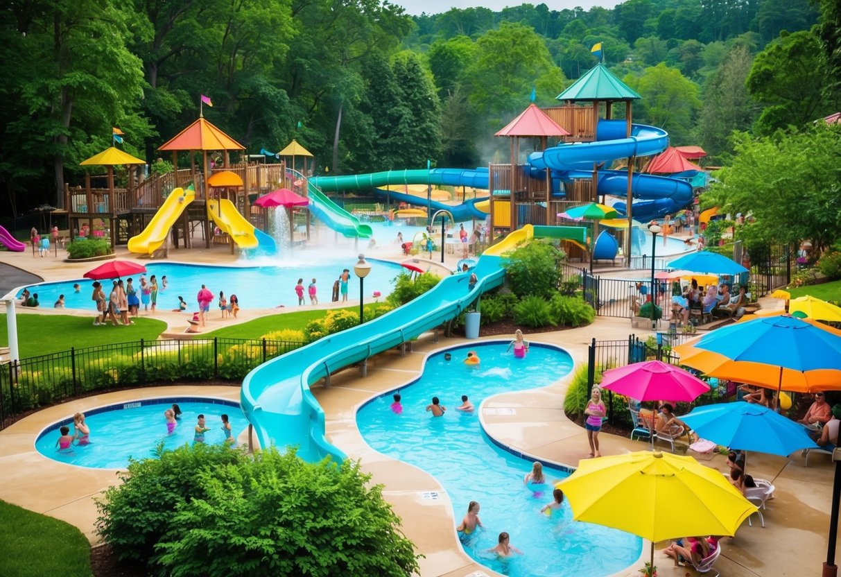 A vibrant water park with slides, pools, and colorful umbrellas, surrounded by lush greenery and filled with families enjoying the water attractions
