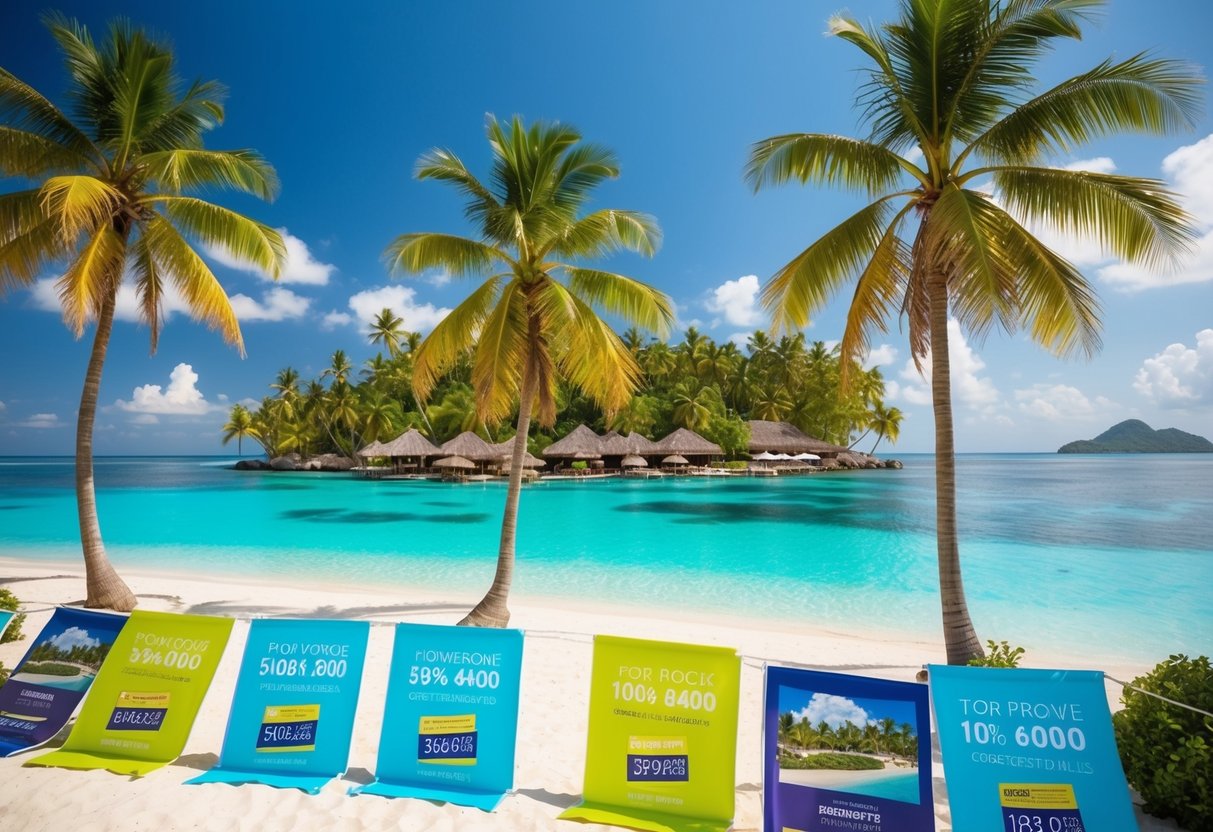 A vibrant tropical island with palm trees, crystal-clear water, and colorful promotional banners scattered around the beach