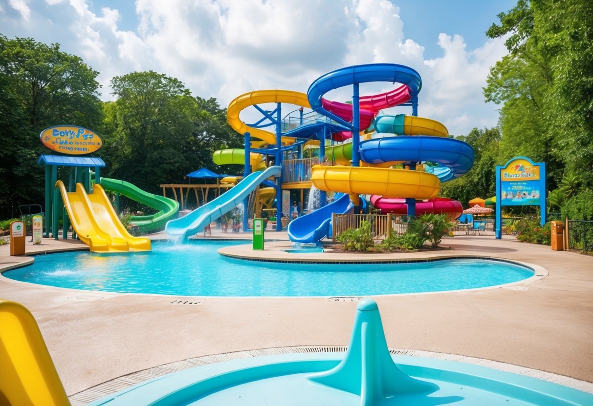 A colorful water park with slides, pools, and lively activities surrounded by lush greenery and vibrant signage