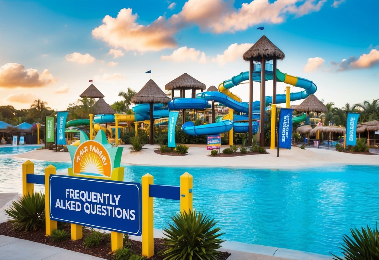 A vibrant water park with a large "Frequently Asked Questions" sign and colorful promotional banners scattered around the island
