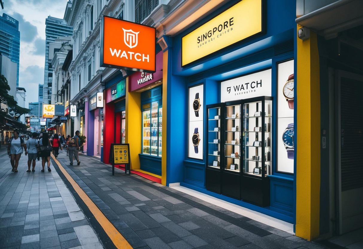 A bustling city street with colorful storefronts, including a prominent watch store displaying enticing promotions in Singapore
