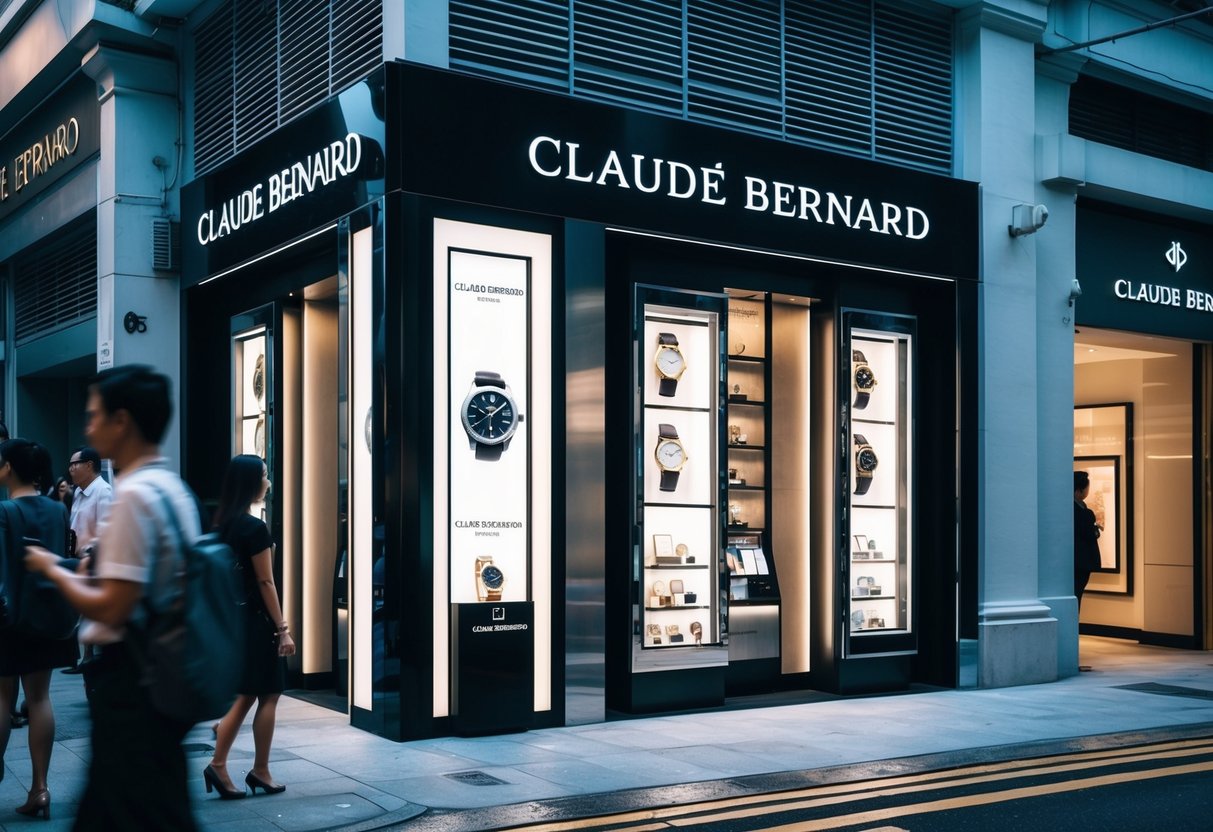 A bustling city street with a sleek watch store displaying the exclusive Claude Bernard Collections and promotional signage in Singapore