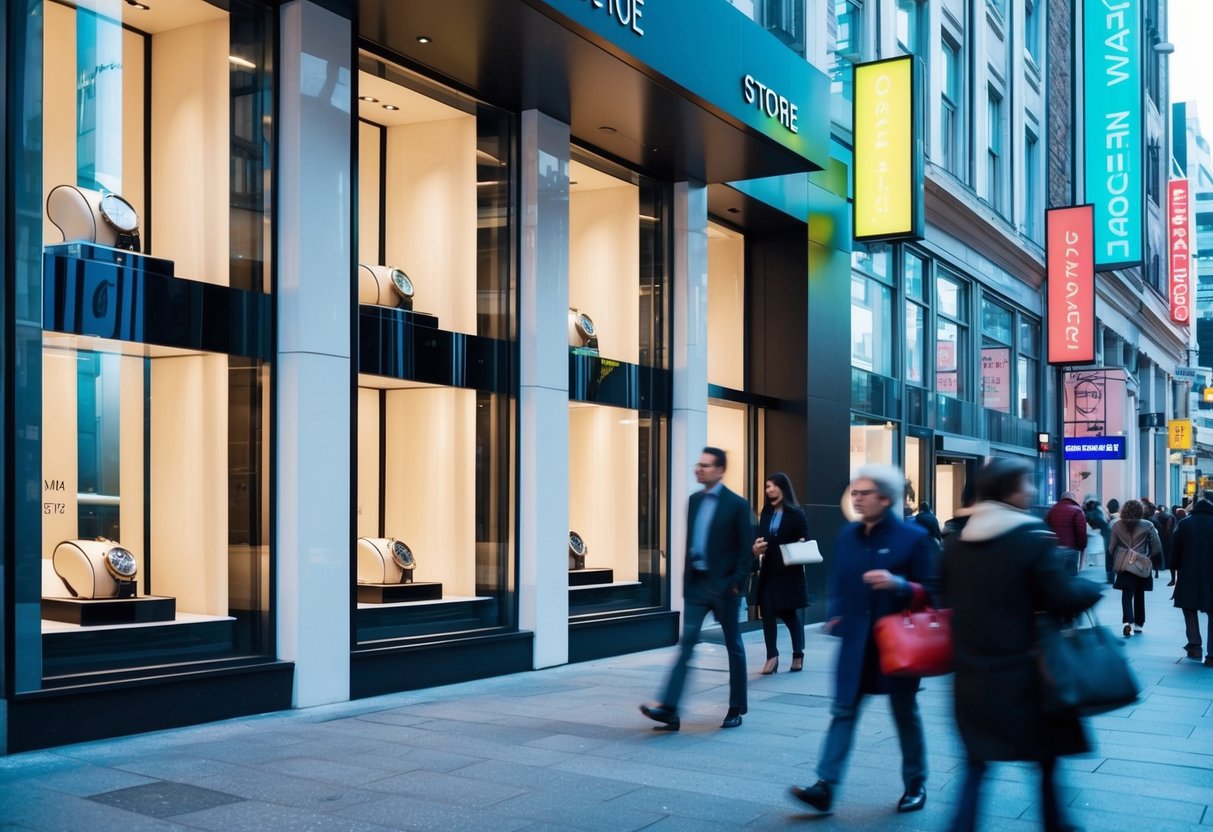 A sleek, modern storefront with large windows displaying elegant watches. A bustling city street with colorful signs and busy shoppers passing by