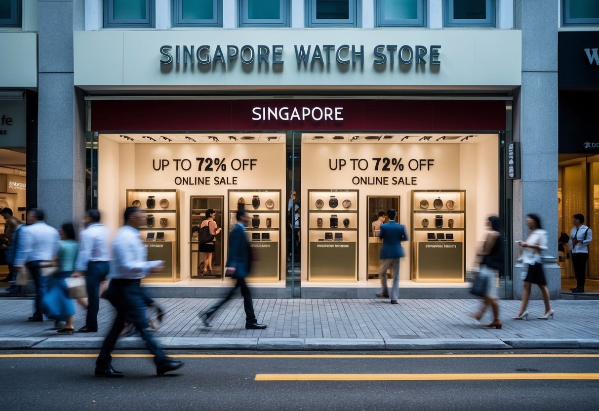 A bustling city street with a prominent storefront displaying "Up to 72% Off Online Sale" promotions for the Singapore chain watch store