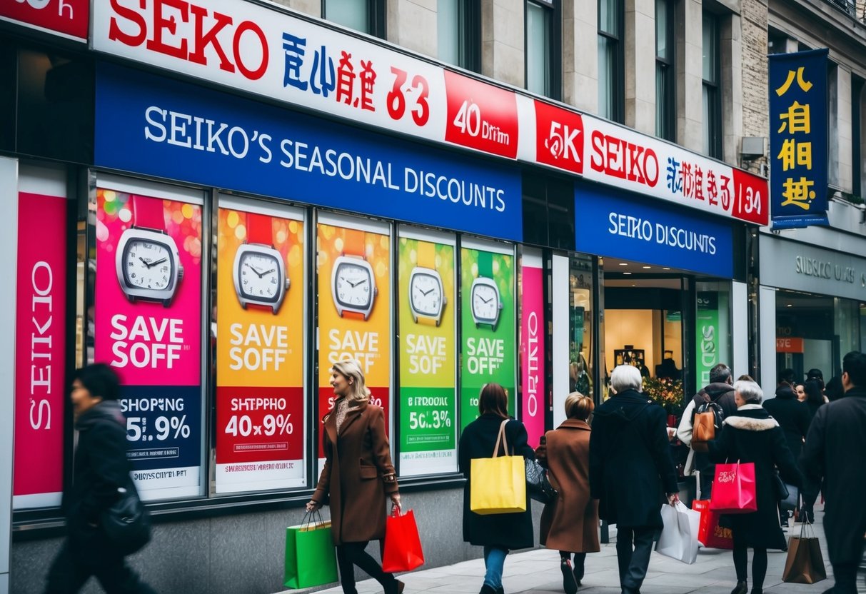 A bustling city street with a storefront adorned with colorful banners advertising Seiko's Seasonal Discounts. Pedestrians walk by with shopping bags