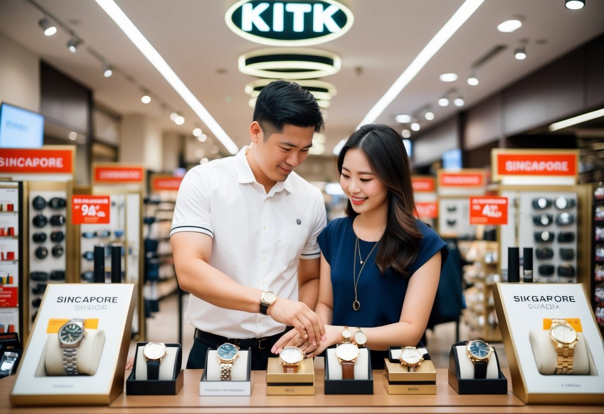 A couple browsing watches in a Singapore chain store, surrounded by promotional bundles and discounts