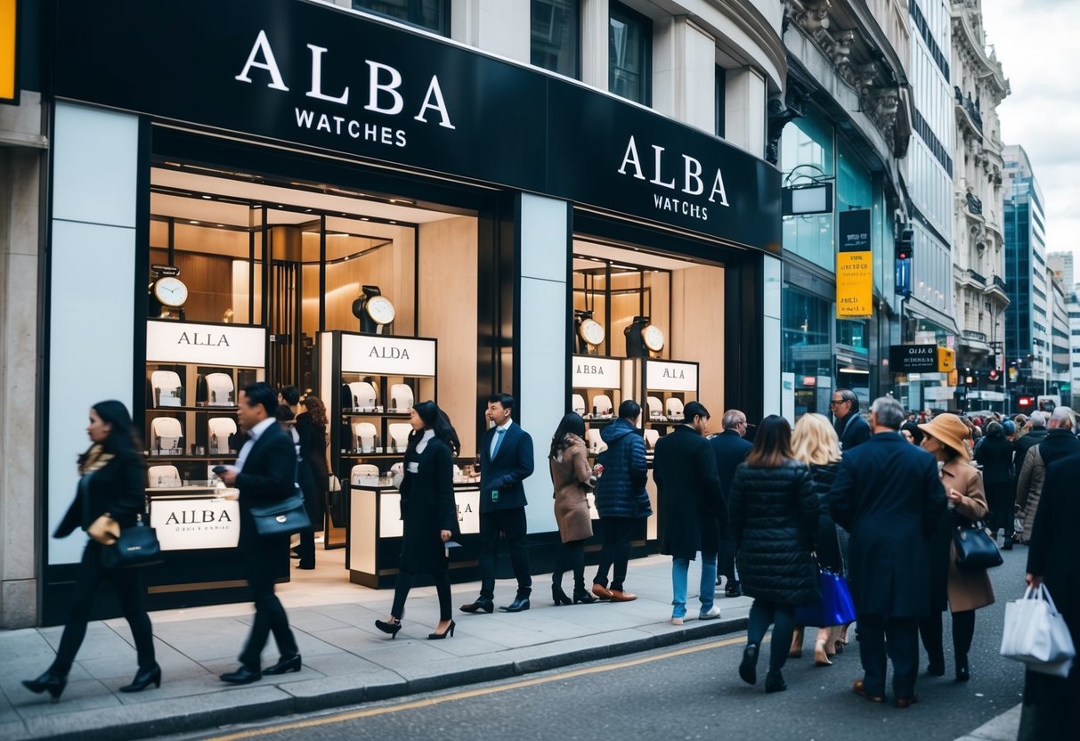 A bustling city street with a prominent Alba Watches store displaying promotional signs and a crowd of shoppers taking advantage of the specials