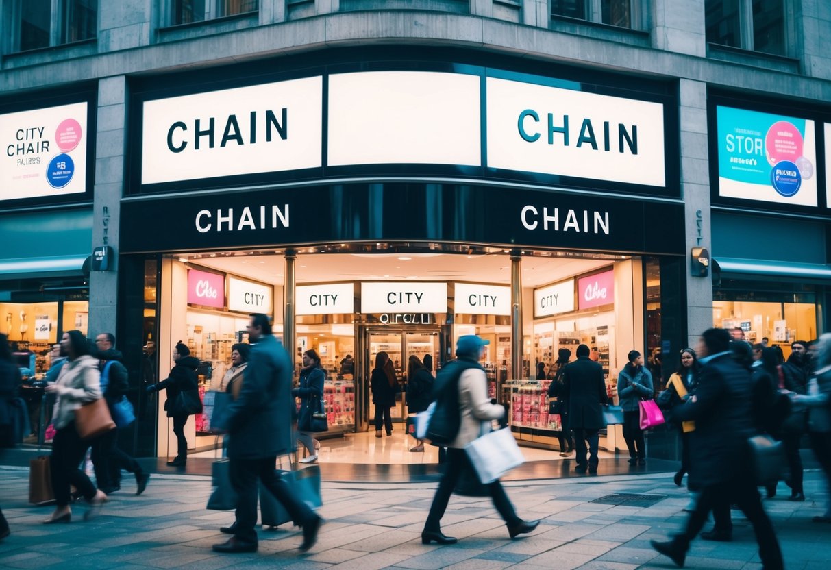 A bustling city street with a prominent City Chain store front, surrounded by bright promotional displays and busy shoppers