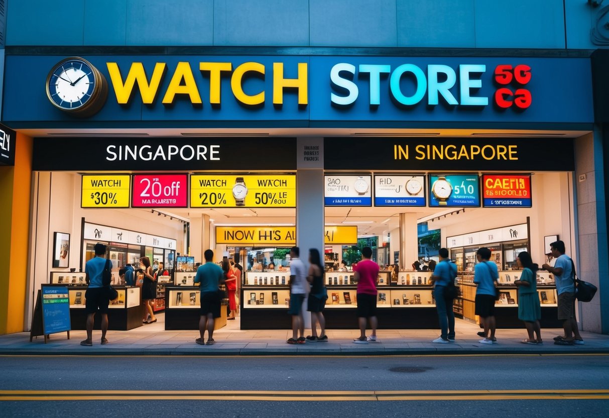 A bustling city street with colorful signage and vibrant storefronts, featuring eye-catching promotions and offers at a watch store in Singapore