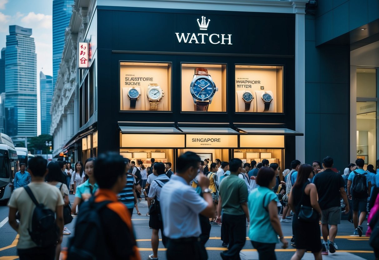 A bustling city street with a prominent watch store displaying promotional signs and a crowd of people passing by in Singapore