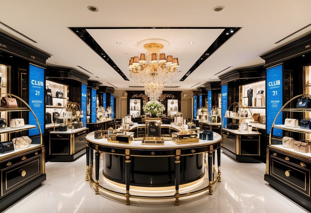 A bustling luxury store in Singapore, with opulent displays and elegant promotions for Club 21's high-end brands