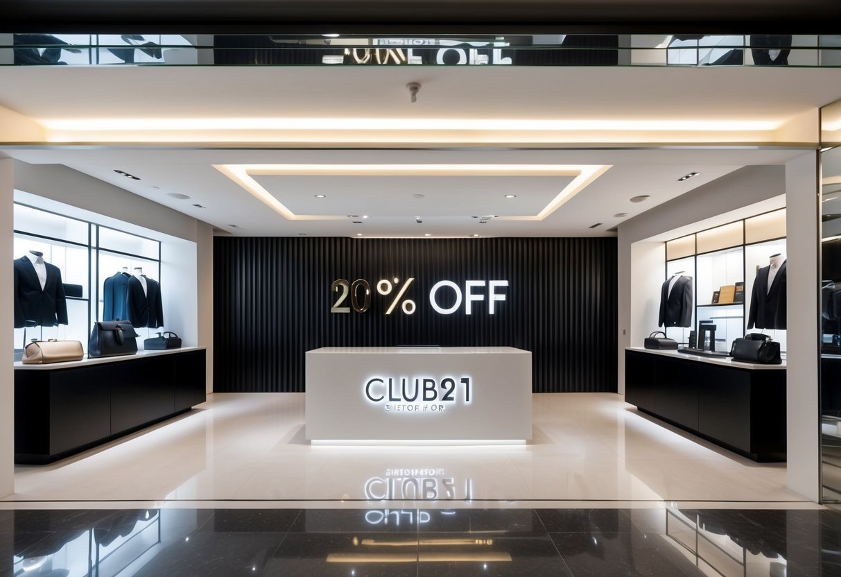 A sleek, modern storefront with a prominent "20% Off" sign at Club21 luxury brands store in Singapore