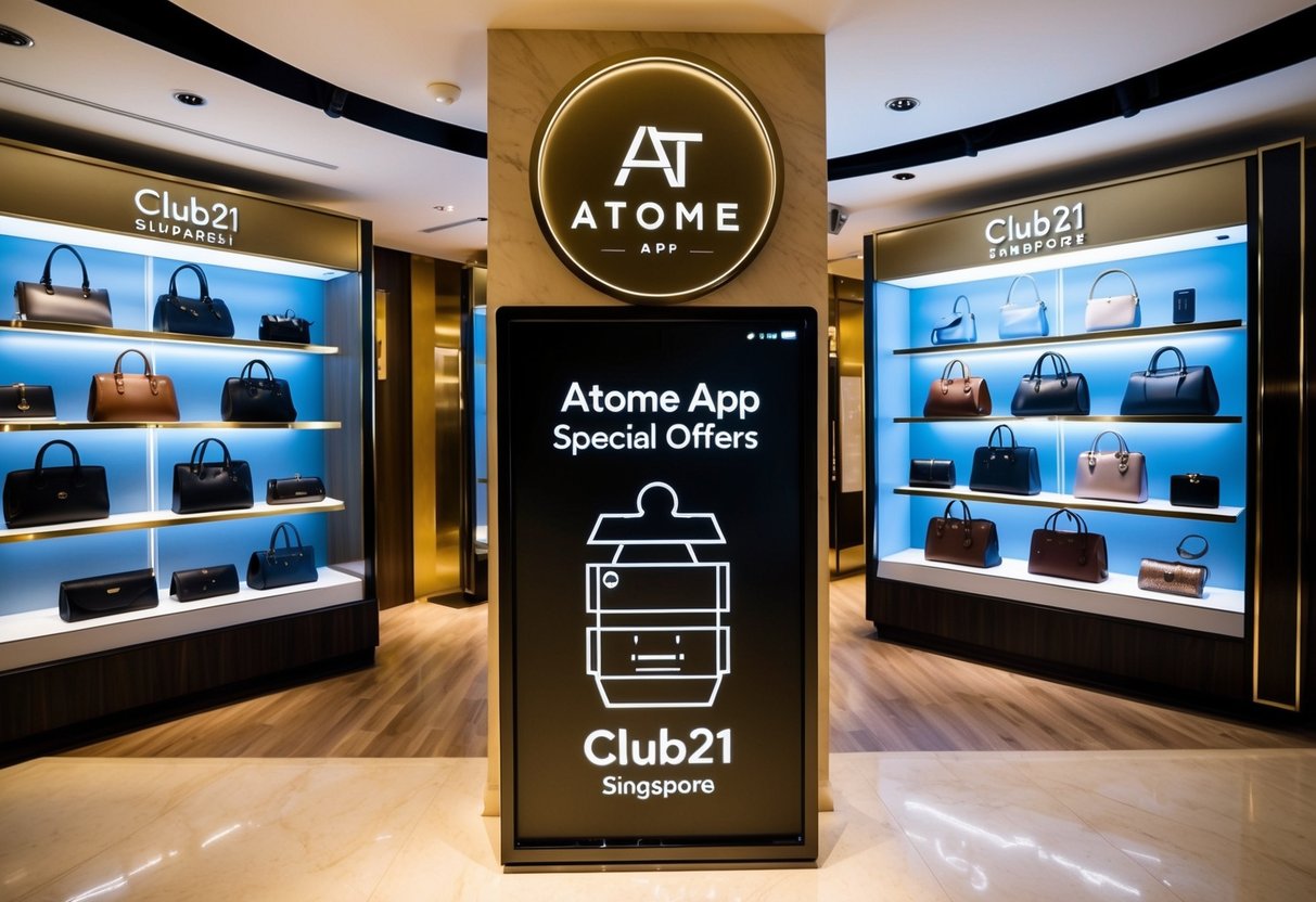 Luxury brands displayed with "Atome App Special Offers" signage at Club21 in Singapore