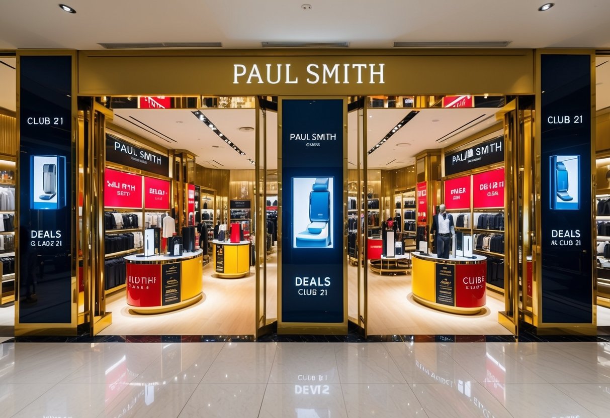 A bustling luxury store in Singapore, adorned with bright promotional displays for Paul Smith deals at Club 21