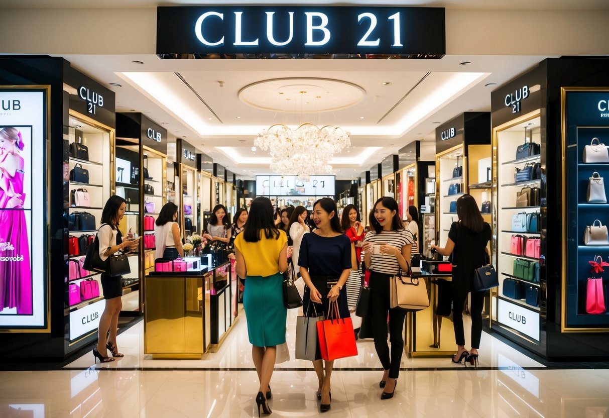 A bustling scene at Club 21 luxury brands store in Singapore, with colorful promotional displays and stylish shoppers browsing the latest collections