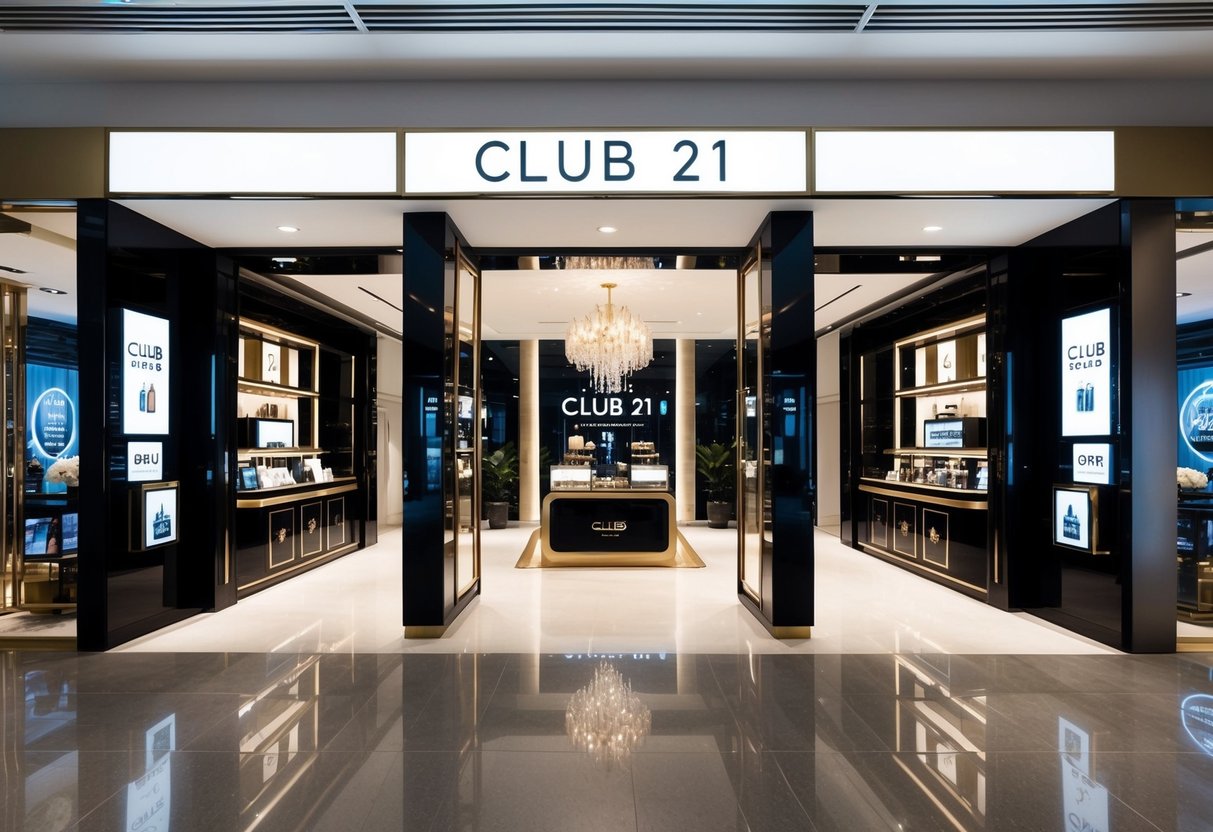 A sleek and modern storefront of Club 21 in Singapore, with elegant displays showcasing luxury brands and exclusive promotions