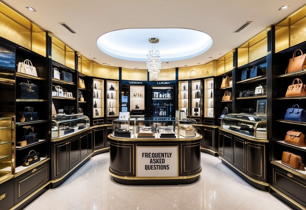 A bustling store with elegant displays of luxury brands, a corner dedicated to promotions, and a sign for the "Frequently Asked Questions" club