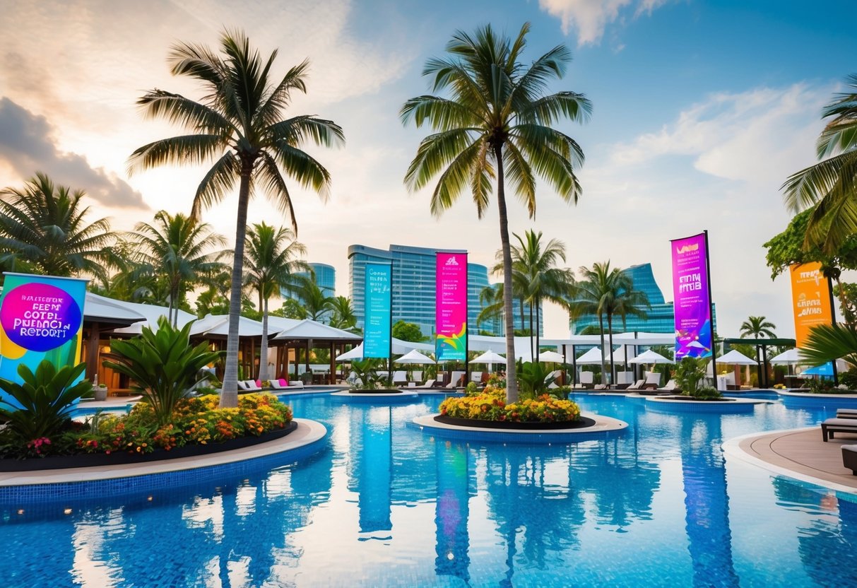 A vibrant and bustling resort in Singapore with palm trees, sparkling pool, and colorful promotional banners