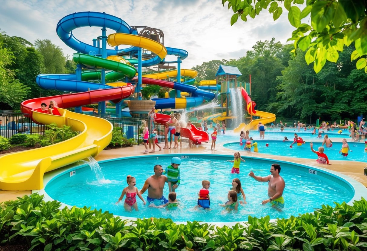 A colorful water park with slides and pools, surrounded by lush greenery and filled with happy families enjoying the attractions