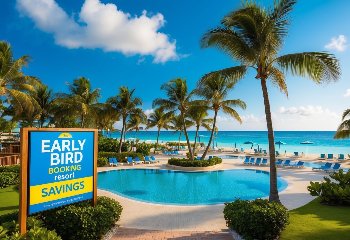 A colorful tropical beach resort with palm trees, a sparkling pool, and a clear blue sky, with a sign advertising "Early Bird Booking Savings" promotions